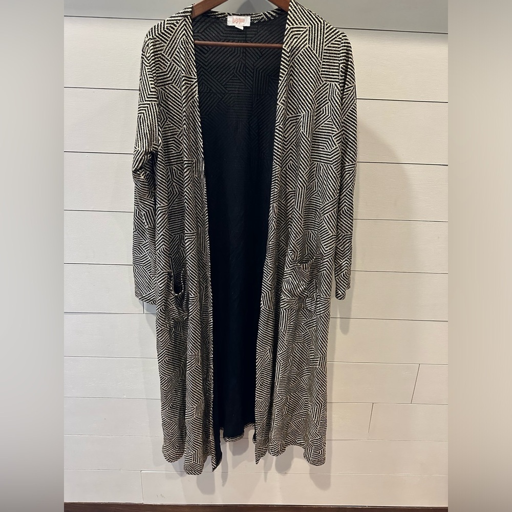 LuLaRoe Geometric Black and Gold Shimmer Women's Long Sweater- size Large